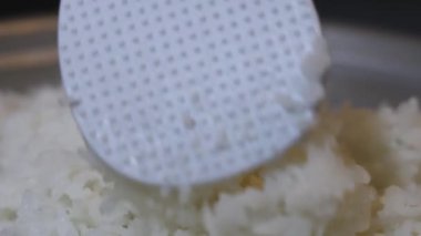 Yakın plan, pilav pişirme makinesinden plastik bir pirinç küreğiyle çıkartılan taze pişmiş beyaz pirinç. Tayland 'ın yumuşak dokusu tanecikleri eritiyor. Ev yapımı pilav pişirme yemekleri. Slow Motion görüntüleri.