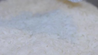 Yakın plan, pilav pişirme makinesinden plastik bir pirinç küreğiyle çıkartılan taze pişmiş beyaz pirinç. Tayland 'ın yumuşak dokusu tanecikleri eritiyor. Ev yapımı pilav pişirme yemekleri. Slow Motion görüntüleri.