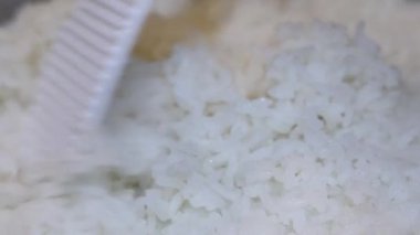 Yakın plan, pilav pişirme makinesinden plastik bir pirinç küreğiyle çıkartılan taze pişmiş beyaz pirinç. Tayland 'ın yumuşak dokusu tanecikleri eritiyor. Ev yapımı pilav pişirme yemekleri. Slow Motion görüntüleri.