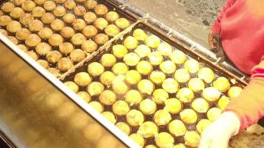 Japon Takoyaki yemekleri. Bir sokak yemeği şefi taze pişmiş takoyaki hazırlıyor. Japonya Takoyaki içi doğranmış ahtapotla dolu hamurdan yapıldı ve sıcak servis edildi. Şef altın Tako toplarını tepsiye koyar..