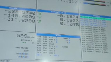 CNC makine kontrol panelini kapat ve gerçek zamanlı teknik makine verilerini göster. Koordinatlar, besleme hızları ve G kod programlama dahil. otomatik CNC makineleme veri kontrol paneli görüntüleme.