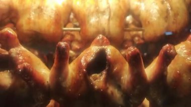 Chicken roasted or grilled in big oven or stove. Whole marinated chicken is rolled and cooked in a large oven. Baked until it turns golden brown. Skin is crispy the meat is tender and juicy delicious.