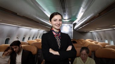 Hostes. Üniformalı gülen uçuş görevlisi modern bir uçağa binen yolcuları karşılıyor ve onlara rehberlik ediyor. Arkadaş canlısı havayolu personeli profesyonel hizmet ve konforlu uçuş deneyimi sunuyor