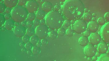 Su yağlı baloncuk. Soyut desenlerle sıvı içinde yüzen renkli baloncuklar. Yağ ve su etkileşimi renkli arka planda canlı şekiller yaratır. Bilim ve soyut sanat arkaplan animasyonu.