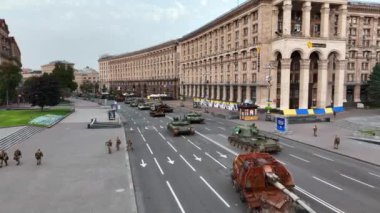 UKRAINE - CIRCA 2022 - amazing shot of hundreds of wrecked destroyed Russian tanks and war equipment on Khreshchatyk Street in downtown Kyiv Kiev.