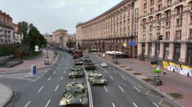 UKRAINE - CIRCA 2022 - amazing shot of hundreds of wrecked destroyed Russian tanks and war equipment on Khreshchatyk Street in downtown Kyiv Kiev.