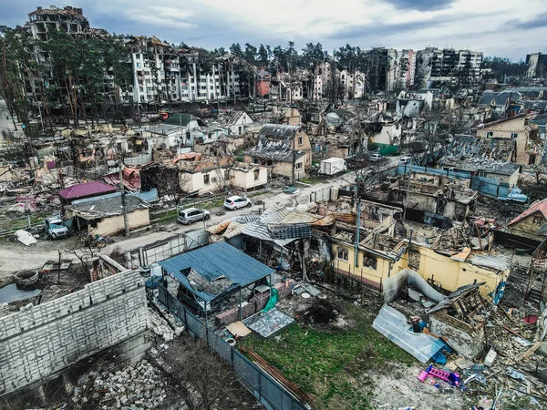 stock image BUCHA, UKRAINE War in Ukraine. Russian army damaged dwelling house in Bucha, Kyiv Region on March 2022. After bombing. Terror and genocide of Ukrainian people