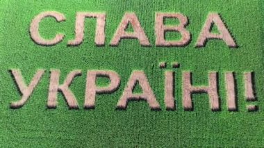 Ukrayna 'ya ve yeşil bir tarlanın ortasındaki Ukrayna armalı mızrağa şükürler olsun. Çekim 4K