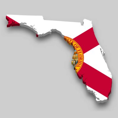 3d isometric Map of Florida is a state of United States with national flag