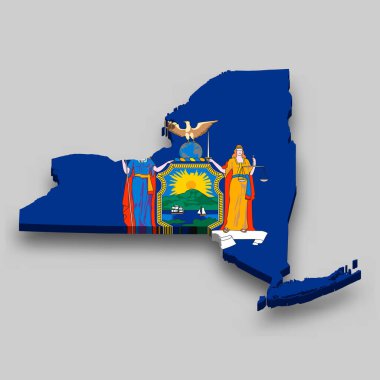 3d isometric Map of New York is a state of United States with national flag