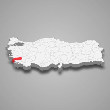 Aydin region location within Turkey 3d isometric map