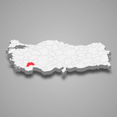 Burdur region location within Turkey 3d isometric map