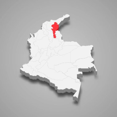 Cesar region location within Colombia 3d isometric map