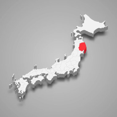 Japonya içindeki Iwate bölgesi 3 boyutlu izometrik harita