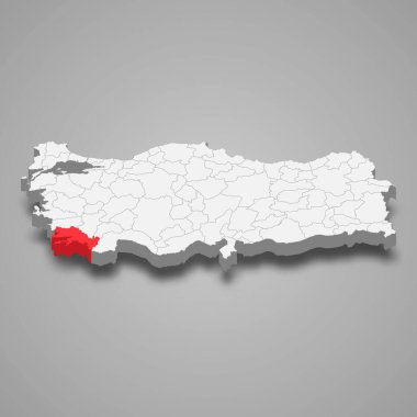 Mugla region location within Turkey 3d isometric map clipart