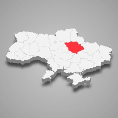 Poltava Oblastı. Ukrayna 3d izometrik haritası içindeki bölge konumu