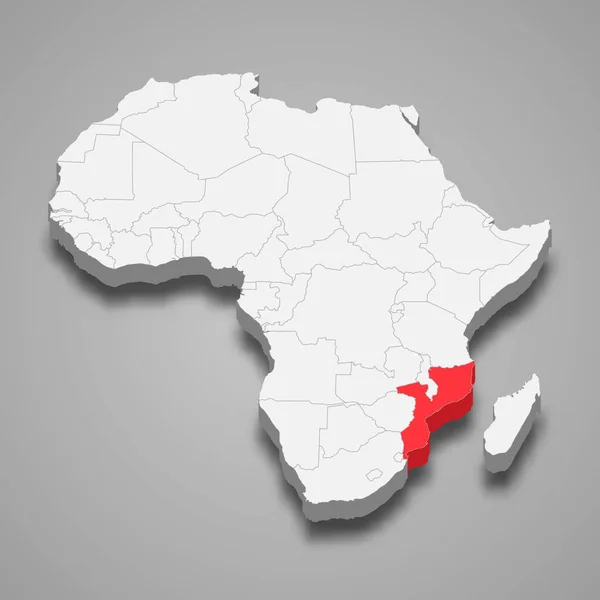 莫桑比克在非洲的国家位置 3D等深线图 — 图库矢量图片