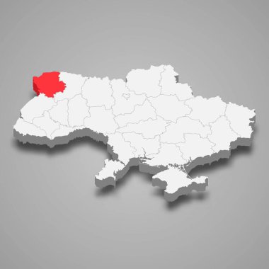 Volyn Oblastı. Ukrayna 3d izometrik haritası içindeki bölge konumu