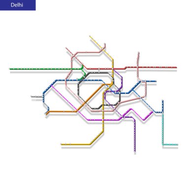 Delhi metrosunun 3 boyutlu izometrik haritası. Yeraltı yolu için şehir ulaşım şeması