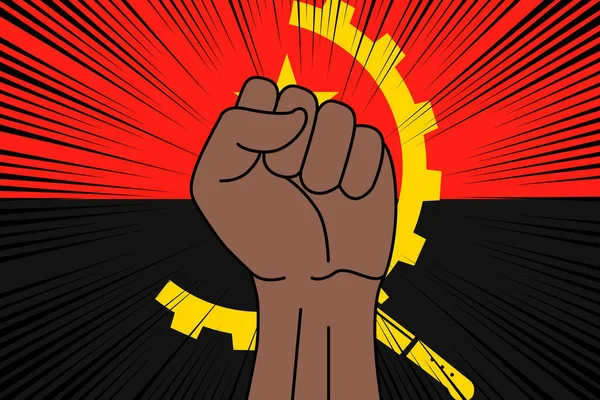 Poing Humain Serré Symbole Sur Drapeau Fond Angola Puissance Force — Image vectorielle