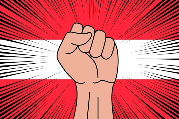 Pugno Umano Simbolo Serrato Sulla Bandiera Sfondo Austria Potenza Forza — Vettoriale Stock