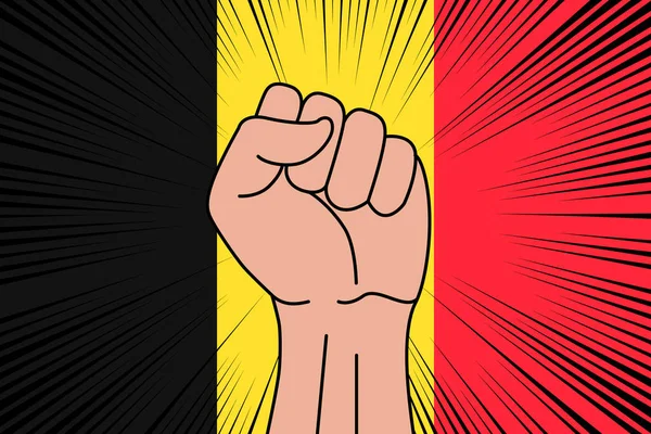 Lidská Pěst Zaťatá Symbol Vlajce Belgie Pozadí Logo Síly Síly — Stockový vektor