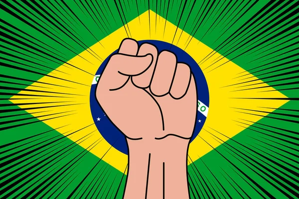 Puño Humano Apretado Símbolo Fondo Bandera Brasil Logo Potencia Fuerza — Archivo Imágenes Vectoriales