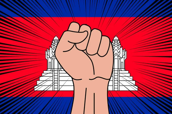 人类的拳头紧紧抓住了柬埔寨国旗背景的象征 力量和力量标志 — 图库矢量图片