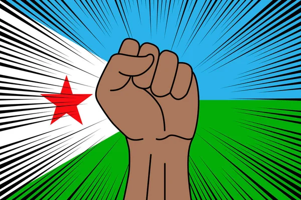 Cibuti Arkaplanının Bayrağına Sıkılmış Insan Yumruğu Sembolü Güç Güç Logosu — Stok Vektör