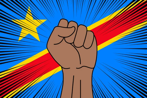 人类的拳头紧紧抓住了刚果民主共和国国旗背景的象征 力量和力量标志 — 图库矢量图片