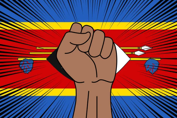 Человеческий Кулак Сжал Символ Фоне Флага Свазиленда Логотип Власти Силы — стоковый вектор