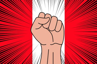 Peru arkaplanının bayrağına sıkılmış insan yumruğu sembolü. Güç ve güç logosu