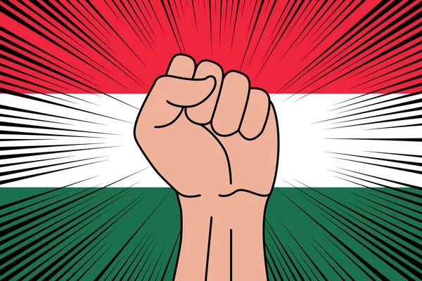 Menschliche Faust Geballtes Symbol Auf Flagge Von Ungarn Hintergrund Macht — Stockvektor