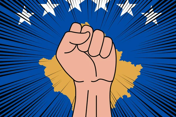 人类的拳头紧紧抓住科索沃背景旗帜的象征 力量和力量标志 — 图库矢量图片