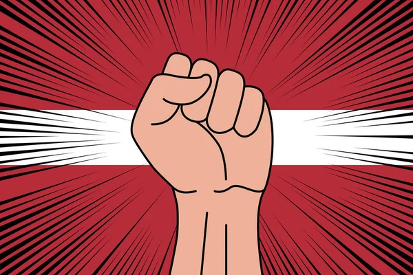 人类的拳头紧紧抓住了拉脱维亚国旗背景的象征 力量和力量标志 — 图库矢量图片