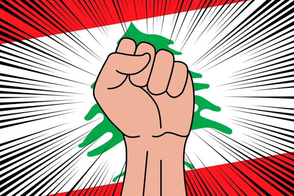 人类的拳头紧紧抓住了黎巴嫩国旗背景的象征 力量和力量标志 — 图库矢量图片