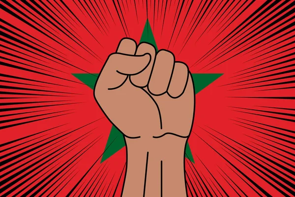 Punho Humano Cerrado Símbolo Bandeira Fundo Marrocos Logotipo Potência Força — Vetor de Stock