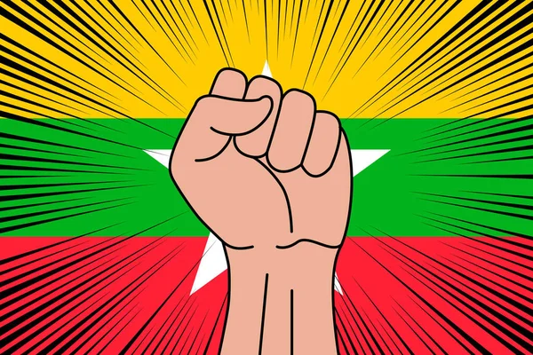 Menschliche Faust Geballtes Symbol Auf Fahne Von Myanmar Hintergrund Macht — Stockvektor