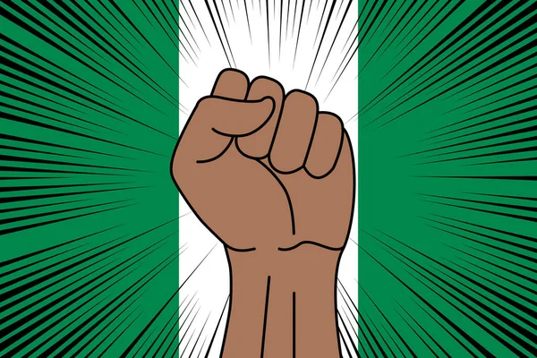 Poing Humain Serré Symbole Sur Drapeau Fond Nigeria Puissance Force — Image vectorielle