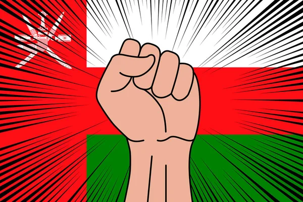Menschliche Faust Geballtes Symbol Auf Flagge Des Oman Hintergrund Macht — Stockvektor