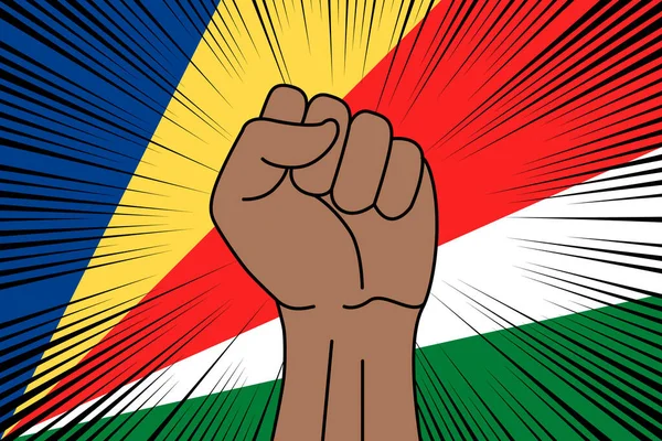 Человеческий Кулак Сжал Символ Фоне Флага Сейшельских Островов Логотип Власти — стоковый вектор