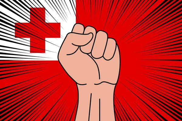 Puño Humano Apretado Símbolo Bandera Fondo Tonga Logo Potencia Fuerza — Vector de stock