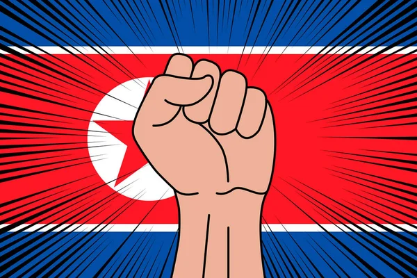 北朝鮮の国旗に人間の拳が刻印されたシンボル パワーと強さのロゴ — ストックベクタ
