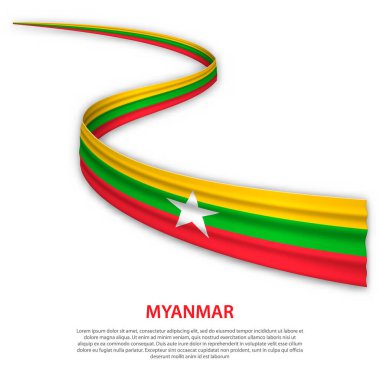 Myanmar bayrağıyla kurdele ya da bayrak sallıyor. Bağımsızlık Günü poster tasarımı için şablon