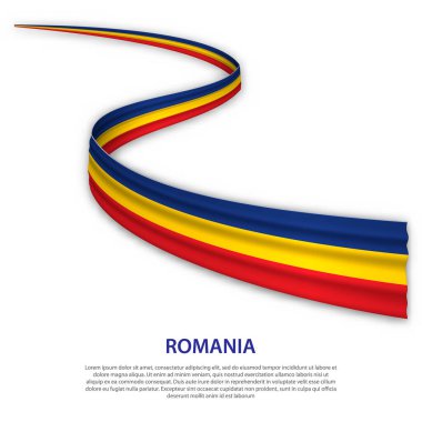 Romanya bayrağıyla kurdele ya da bayrak sallıyor. Bağımsızlık Günü poster tasarımı için şablon