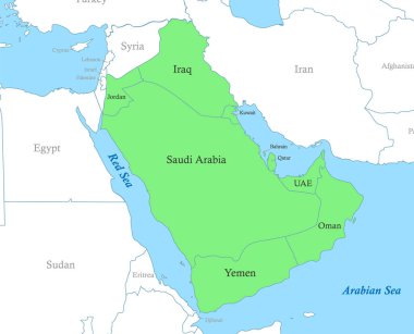 Devletin sınırlarıyla Arap Yarımadası 'nın siyasi renk haritası.