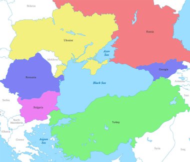 Ülkelerin sınırlarıyla Karadeniz bölgesinin renkli siyasi haritası.