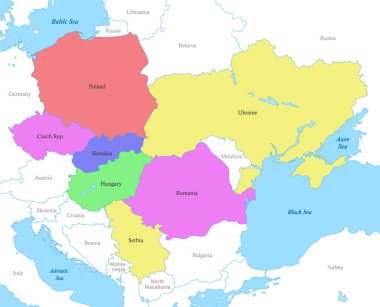 Ülkelerin sınırları olan Karpat devletlerinin renkli siyasi haritası.