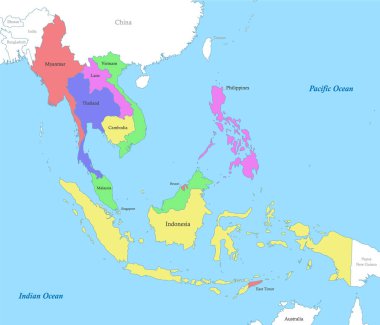 Güneydoğu Asya 'nın ülke sınırları ile ilgili siyasi renk haritası.
