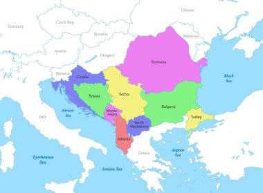 Güneydoğu Avrupa 'nın ülke sınırlarıyla ilgili renkli siyasi haritası.